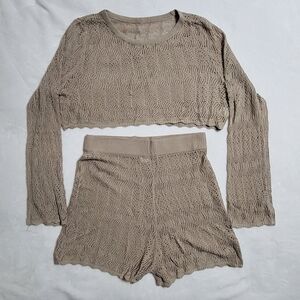 Tan Ribbed Knit Pajama Set with Cropped Top